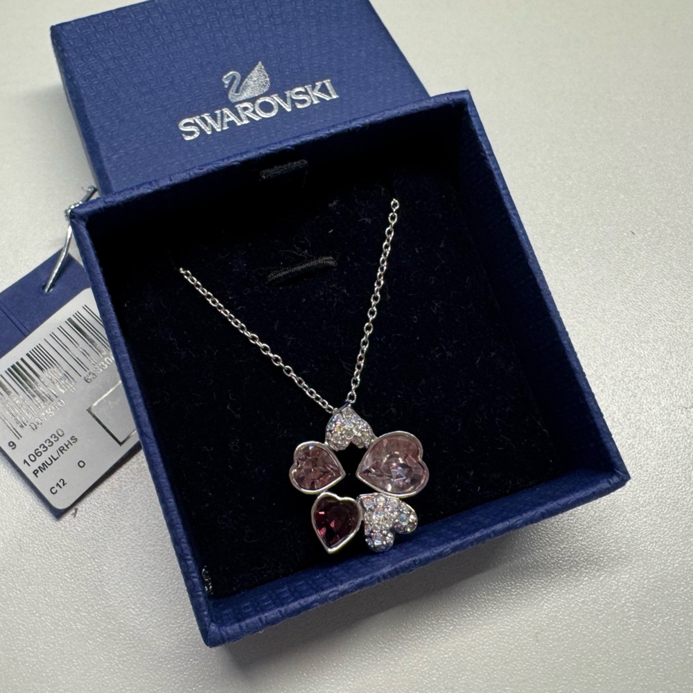 NWT - Swarovski Silver Necklace with Pink and Purple Hearts